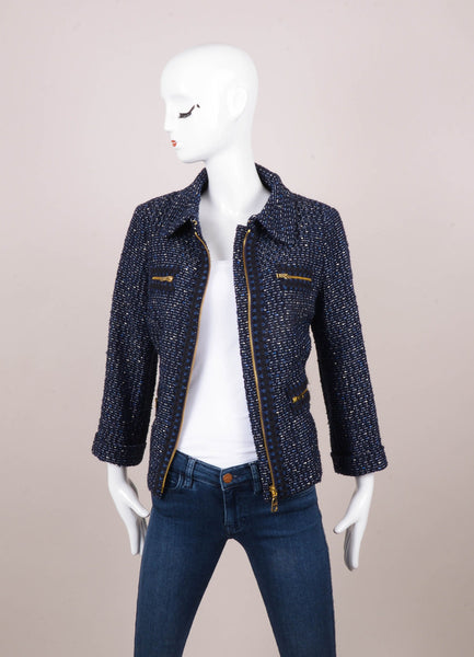 Navy Blue and White Four Pocket Zip Up Tweed Jacket