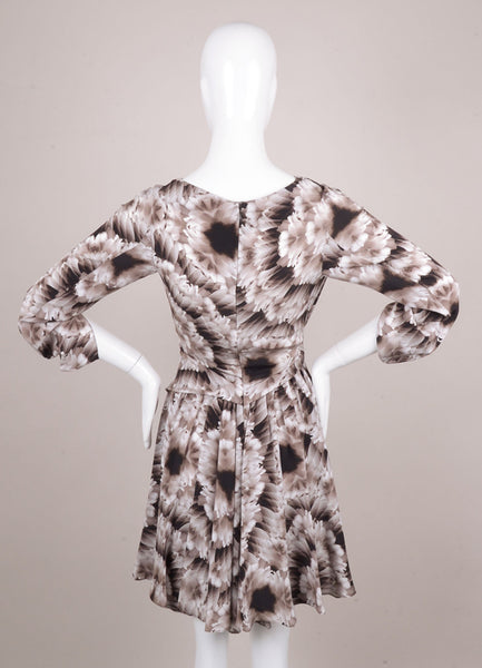 Brown and White Long Sleeve Printed Silk Drape Dress