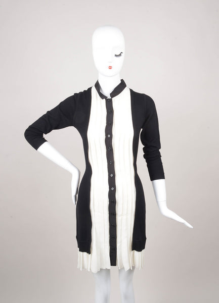 Black and White Silk and Knit Tuxedo Pintuck Dress