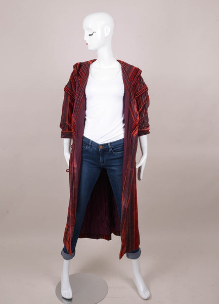 Red Striped Long Sleeve Hooded Velvet Coat