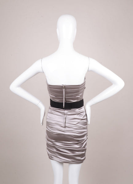 Silver and Black Silk Strapless Ruched Dress