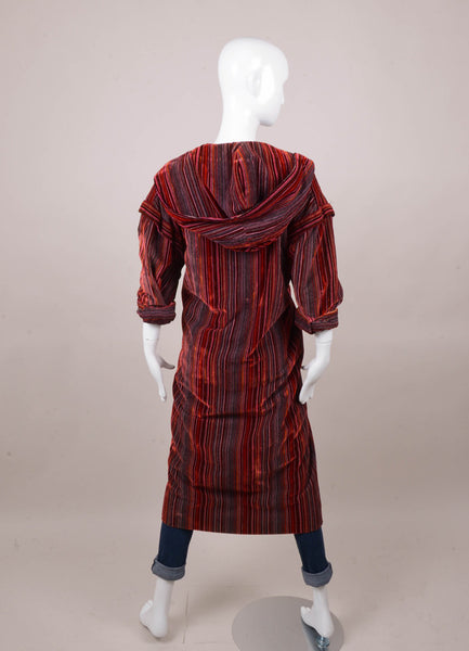 Red Striped Long Sleeve Hooded Velvet Coat