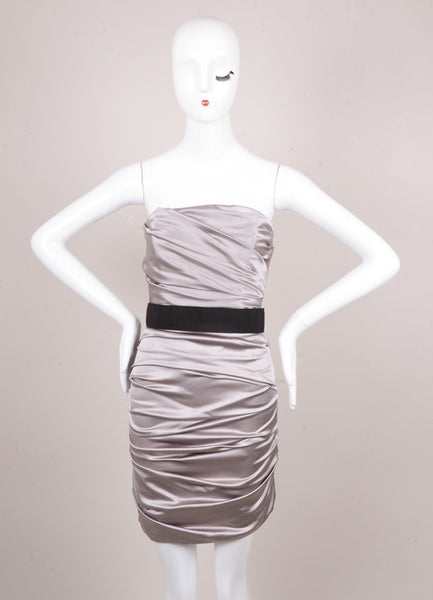 Silver and Black Silk Strapless Ruched Dress