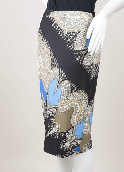 New With Tags Black, Blue, and Cream Paisley Pencil Skirt