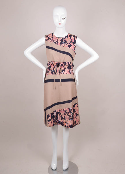 Tan and Navy Graphic Printed Sleeveless Dress