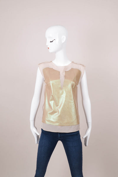 Beige Iridescent Leather Paneled Sleeveless Top