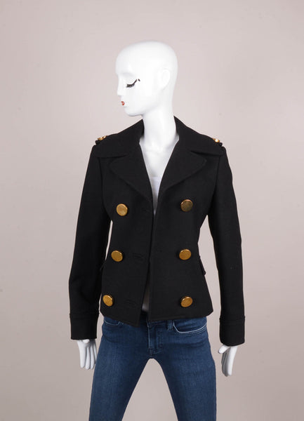 Black and Gold Oversized Button Wool Pea Coat