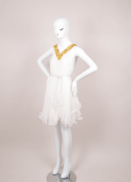 New With Tags White and Gold Toned Stud Embellished V Neck Grecian Belted Dress