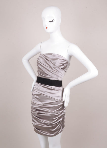 Silver and Black Silk Strapless Ruched Dress