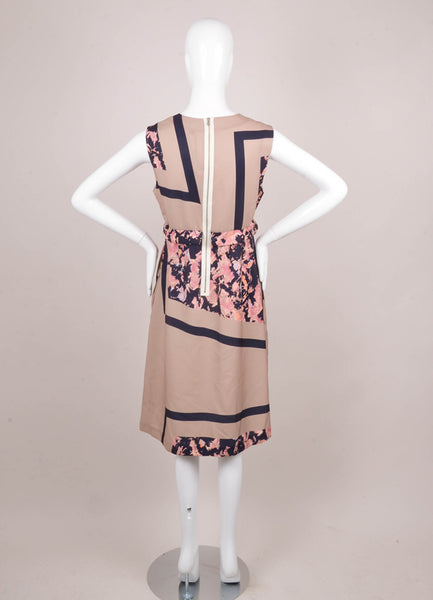 Tan and Navy Graphic Printed Sleeveless Dress