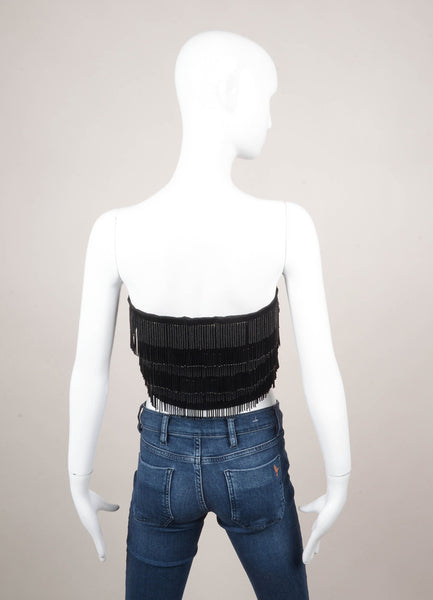 Black Beaded Fringe Cropped Strapless Silk Top