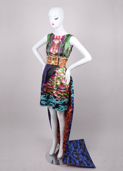 Multicolor Silk Coral Reef Print Sleeveless Dress With Train