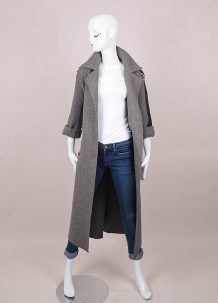 Grey and Black Buckled Stripe Double Breasted Wool and Cashmere Coat