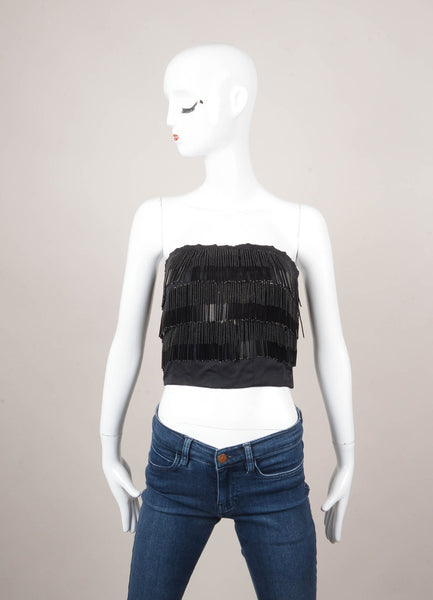 Black Beaded Fringe Cropped Strapless Silk Top