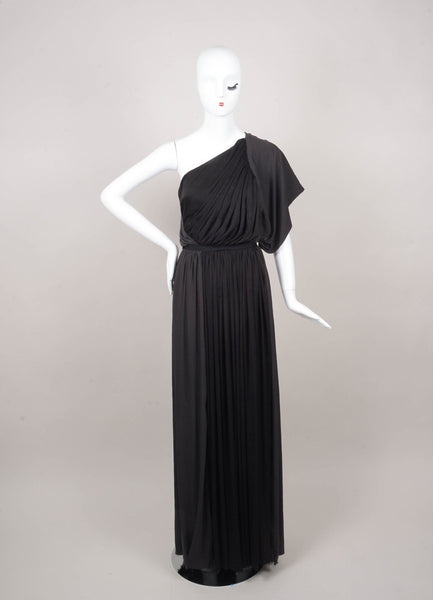 Charcoal Grey and Black Draped One Shoulder Evening Dress