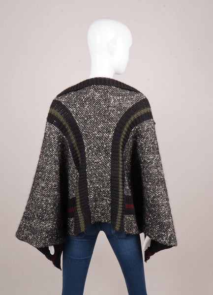 Grey, White, and Navy Wool Blend Chunky Knit Zip Up Poncho