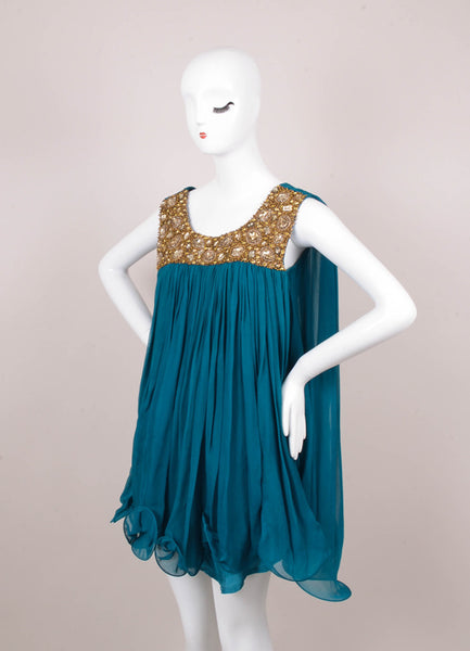 New With Tags Teal and Gold Embellished Chiffon Sleeveless Flowy Dress