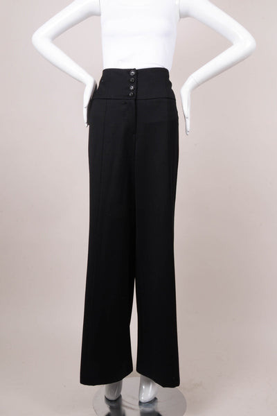 Black Wide Leg Wool Trousers With Wide Waistband