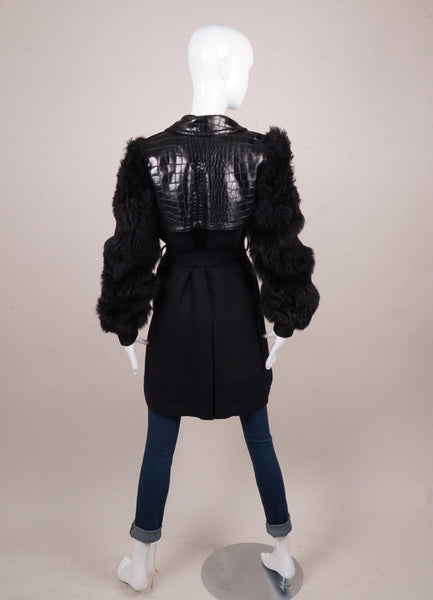 Black Fur Sleeve and Croc Embossed Leather Wool Trench Coat