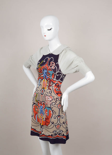 New With Tags Silver and Multicolor Printed Embroidered Knit Dress