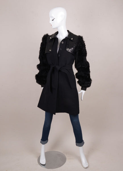 Black Fur Sleeve and Croc Embossed Leather Wool Trench Coat