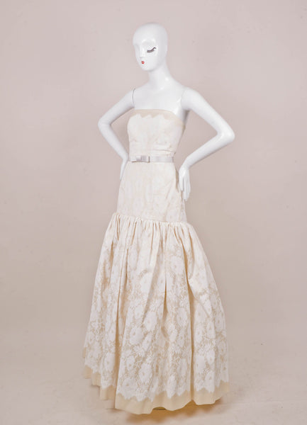 White and Cream Floral Print Wool and Silk Strapless Belted Gown