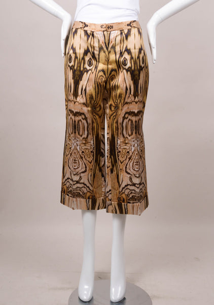 New With Tags Brown, Black, and Tan Silk Wood Print Cropped Pants