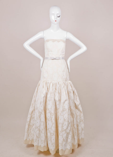 White and Cream Floral Print Wool and Silk Strapless Belted Gown