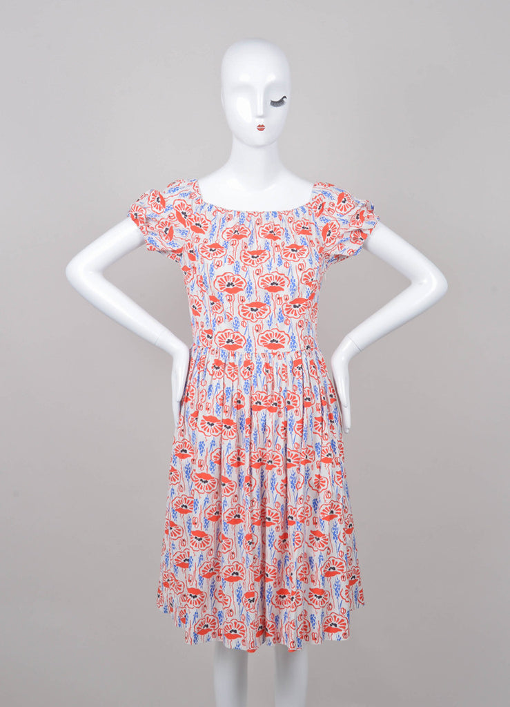 Red, White, and Blue Patterned Short Puff Sleeve Cotton Dress