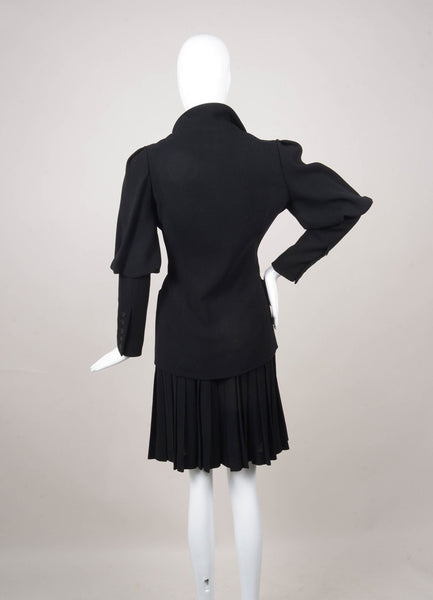 Black Juliet Sleeve Buttoned Jacket and Pleated Skirt Suit