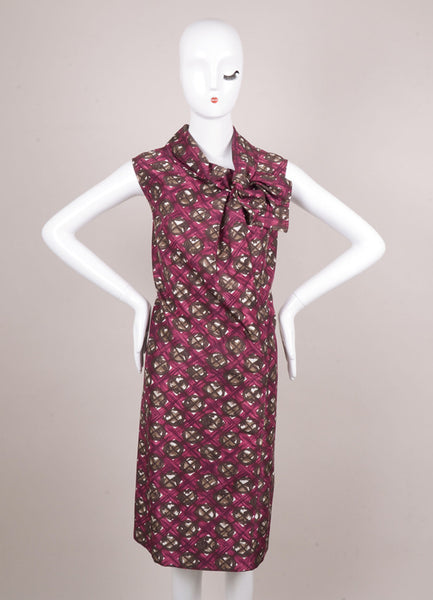 Purple and Brown Silk Geometric Print Sleeveless Dress