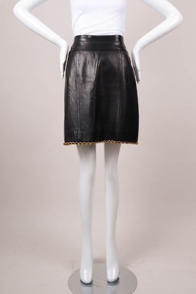 Black Leather Skirt With Gold Chain Trim Hem