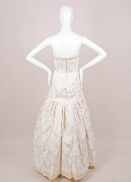 White and Cream Floral Print Wool and Silk Strapless Belted Gown