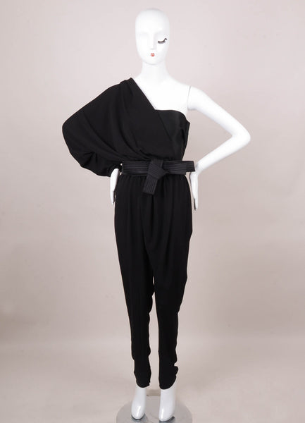 New With Tags Black One Sleeve Belted Silk Jumpsuit