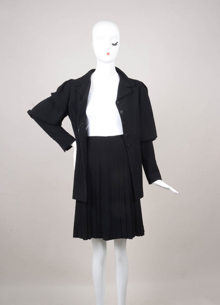 Black Juliet Sleeve Buttoned Jacket and Pleated Skirt Suit