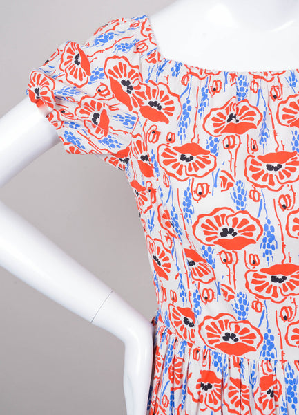 Red, White, and Blue Patterned Short Puff Sleeve Cotton Dress