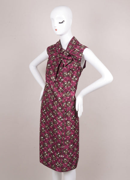 Purple and Brown Silk Geometric Print Sleeveless Dress