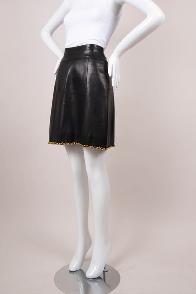 Black Leather Skirt With Gold Chain Trim Hem