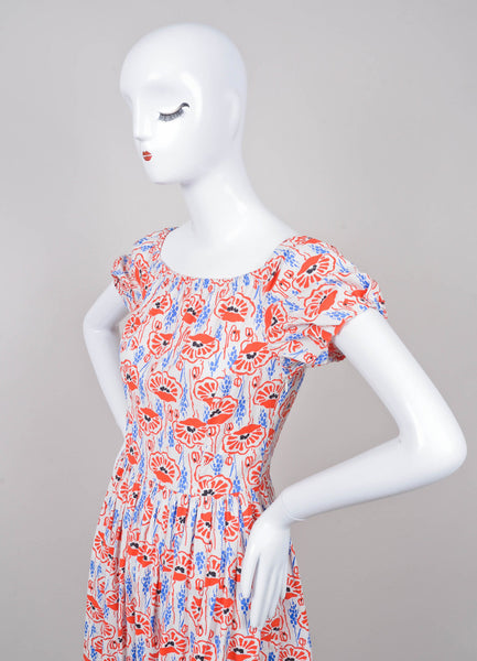 Red, White, and Blue Patterned Short Puff Sleeve Cotton Dress