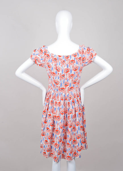 Red, White, and Blue Patterned Short Puff Sleeve Cotton Dress