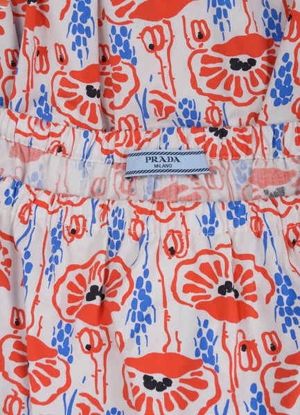 Red, White, and Blue Patterned Short Puff Sleeve Cotton Dress