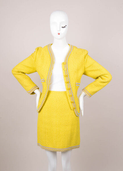 Yellow, Pink, and Blue Knit Skirt Suit With Beaded Embellishment