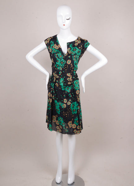 Navy, Green, and Tan Floral Print Sleeveless Cotton Dress