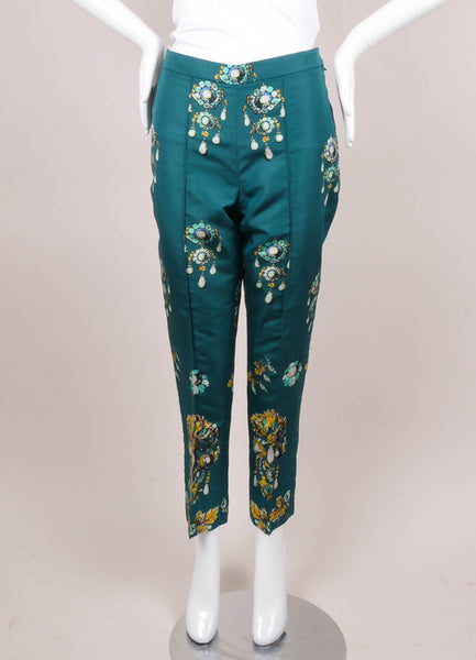 New With Tags Green Bijoux Print Tapered Silk Trousers