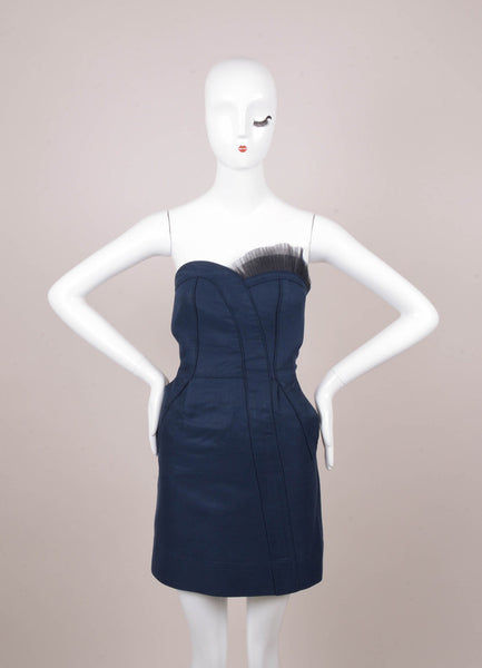 Navy Tulle Trim Seamed Strapless Cotton and Silk Dress