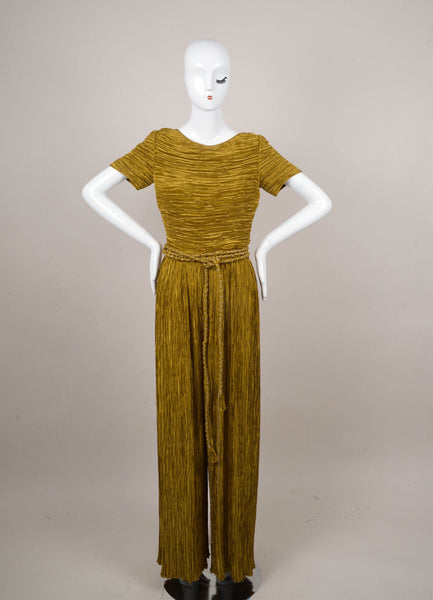 Gold Pleated Wide Leg Short Sleeve Belted Jumpsuit