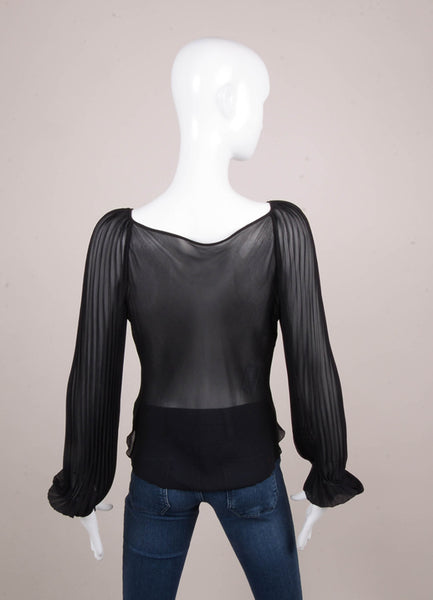 Black Pleated Long Sleeve Sheer Silk Buttoned Blouse