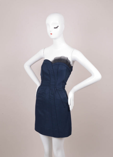 Navy Tulle Trim Seamed Strapless Cotton and Silk Dress