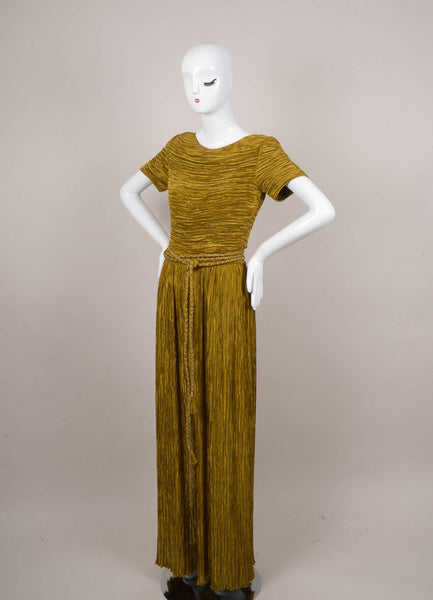 Gold Pleated Wide Leg Short Sleeve Belted Jumpsuit