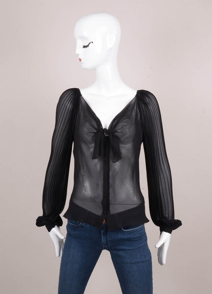 Black Pleated Long Sleeve Sheer Silk Buttoned Blouse